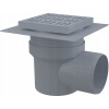 ALCADRAIN Odtokový rošt 150×150/110 mm, boční odtok, šedý rošt, dvě úrovně izolace, mokrý sifon
