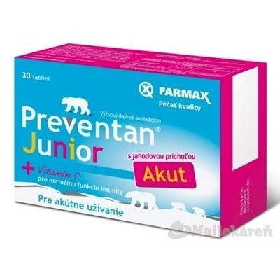 FARMAX Preventan Junior Akut + vitamín C, tbl s jahodovou príchuťou 1x30 ks