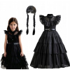 Dievčenský kostým - STREDA PRIDÁVA OUTFIT ŠATY + Parochňu 128 / 134 (Streda Addams Dress Dress + Parochňa 128/134)