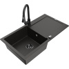 Mexen Leo granitový kuchynský drez s 1 komorou, odkvapkávačom a kuchynskou batériou Elia, čierny/zlatý metalický