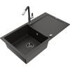 Mexen Leo, 1-komorový granitový drez 900x500x190 mm a drezová batéria Flora, čierna-zlatá metalíza, 6501-75-670401-07-B