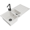 Mexen Andres, granitový drez 1000x500x200 mm, 1,5-komorový, biela s čiernym sifónom a čierna drezová batéria Rita, 6515-20-670300-70