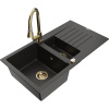Mexen Matias granitový drez s 1,5 komorou s odkvapkávačom a kuchynskou batériou Elia, čierny/zlatý metalik