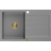Mexen Bruno žulový kuchynský drez 1-komorový s odkvapkávačom 795 x 495 mm, sivý, sifón zlatý - 6513791010-71-G