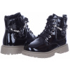 Čierne Lakované Zateplené Dievčenské Čižmy, Botky, Šnurovacie s Ozdobou, Veľkosť 29