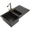 Mexen Matias granitový drez 1,5-komorový s odkvapkávačom a kuchynská batéria Duero, čierna/zlatá - 6502-75-671600-50-B