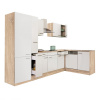 Rohová kuchynská linka Yorki 310 vo farbe dub sonoma s bielym predným panelom s hodvábnym leskom a policovou skrinkou