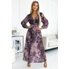 520-1 Pleated chiffon long dress with a neckline, long sleeves and a wide belt - purple large flowers hnedá One size numoco basic 5903133863465