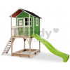 Domček cédrový na pilieroch Loft 700 Green Exit Toys s vodeodolnou strechou pieskoviskom a 2,28 m šmykľavkou zelený