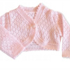 Dievčenské pletené, ažúrkové bolerko, dl. rukáv - sv. ružové