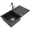 Mexen Leo granitový drezu jeden s odkvapkávačom a kuchynskou vodovodnou batériou Flora, čierny/strieborný metalický
