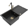 Mexen Leo granitový kuchynský drez s 1-komorou, odkvapkávacou plochou a kuchynskou batériou Flora, čierny/strieborný