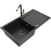 Mexen Leo granitový drez s 1 komorou s odkvapkávačom a kuchynskou batériou Flora, čierny/sivý metalický