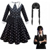 Dievčenský kostým - Streda Addams Dress Outfit Hair Uniforma 120 (OUTFIT STREDA ADDAMS ŠATY JEDNOTNÉ VLASY 120)