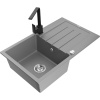 Mexen Bruno, drez granitový 795x495x200 mm, 1-komorový, šedá s chrómovým sifónom a čierna drezová batéria Rita, 6513-71-670300-70