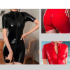 Erotické lakové body, krátky catsuit s dvojcestným zipsom Čierna M