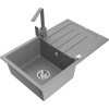 Mexen Bruno, drez granitový 795x495x200 mm, 1-komorový, šedá s chrómovým sifónom a šedá drezová batéria Rita, 6513-71-670300-71