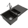 Mexen Matias granitový drez s 1,5 komorami s odkvapkávačom a kuchynskou batériou Flora, čierny/zlatý metalický