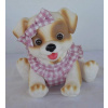 Hnědo-bílý pejsek v růžovo-bílých kostkovaných šatech od RosaToys (WHITE DOG 23 CM )