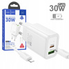Nabíjačka Hoco N63 1× USB-C PD30W + 1× USB-A QC3.0 + kábel Ligh biely, GaN