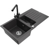 Mexen Matias žulový drez 1,5-komorový s odkvapkávačom a kuchynskou batériou Duero, čierny s fľakmi - 6502-76-671600-70