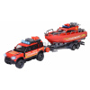 Autíčko hasičské s prívesom a loďou Land Rover Fire Rescue Majorette kovové so zvukom a svetlom dĺžka 33,5 cm