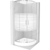 Mexen Rio, štvrťkruhový sprchovací kút s posuvnými dverami 80 x 80 cm, 6mm číre sklo/pásy, chrómový profil + biela vysoká sprchová vanička Rio, 863-080-080-01-20-4710