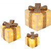 Bambelaa! LED darčekové zlaté boxy – elegantná sada 3 žiarivých vianočných dekorácií so zlatou mašľou (20/15/10 cm)