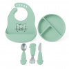Detský silikónový set FreeON - zelený tanier, príbor a podbradník
