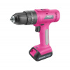 EXTOL LADY 402403 vrtací šroubovák aku s příklepem, růžový, 12V Li-ion, 2000mAh, v kufru s nářadím, sada 27ks