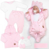 Baby Nellys Rebrovaná sada, Star 5D, body, polodupačky, kabátik, čiapka, rukavice - rúžová, biela,68, 68 (3-6m)