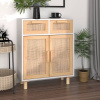 Komoda biela 60x30x75 cm masívna borovica a prírodný ratan-ForU-345636