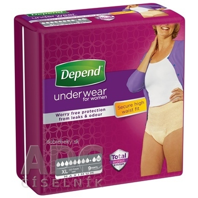 DEPEND MAXIMUM XL pre ženy naťahovacie nohavičky, obvod bokov 120-150 cm, priedušné, 1x9 ks