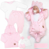 Rebrovaná sada, Star 5D, body, polodupačky, kabátik, čiapka, rukavice - rúžová, biela,68
