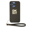 DKNY PU Leather Stack Logo Wrist Strap zadný kryt pre iPhone 14 Pro Brown