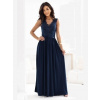 Numoco 215-6 LEA Dlhé elegantné maxi šaty s čipkovaným vrchom a rozparkom na nohavici - tmavomodré
