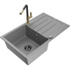 Mexen Bruno jednokomorový granitový drez s odkvapkávačom a kuchynskou batériou Flora, sivý - 6513-71-670401-57-B