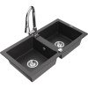 Mexen Mario žulový kuchynský drez 2-komorový s kuchynskou batériou Elia, čierny škvrnitý - 6504-76-670101-00