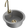 Mexen Diego, 1-komorový granitový drez 488x488x167 mm, zlatý sifón, zlatá lesklá batéria Telma, šedá, 6512-71-670200-50
