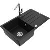 Mexen Bruno jednokomorový granitový drez s odkvapkávačom a kuchynskou batériou Flora, čierny - 6513-77-670401-00