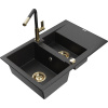 Mexen Gaspar žulový drevený drez s 1,5 komorami, s odkvapkávačom a kuchynskou batériou Flora, čierny/strieborný