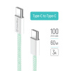 Kábel ColorWay Type-C - Type-C (braided cotton) PD Fast Charging 60W, 3.0А, 1m, zelený (CW-CBPDCC061-G)