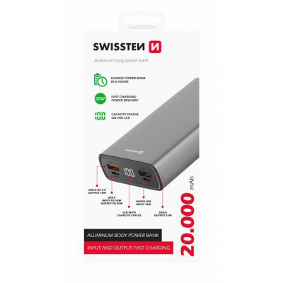 SWISSTEN ALUMINUM POWER BANK 20000 mAh 20W POWER DELIVERY GREY 22013916