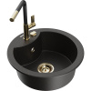 Mexen Diego, 1-komorový granitový drez 488x488x167 mm a drezová batéria Flora, čierna-zlatá metalíza, 6512-75-670401-57-G