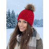 Dámska čiapka s bambuľou z pravej kožušiny Ania - červená, VEĽKOSŤ NOVÉ UNI