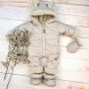 Zimná prešívaná detská kombinéza s kožúškom a kapucňou + rukavičky + topánočky, z&z - béžová 62 (2-3m)