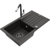 Mexen Pablo, 1-komorový granitový drez 752x436x161 mm a drezová batéria Flora, čierna-zlatá metalíza, 6510-75-670401-07-B