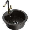 Mexen Diego, 1-komorový granitový drez 488x488x167 mm a drezová batéria Flora, čierna-zlatá metalíza, 6512-75-670401-57-B