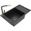 Mexen Elias granitový drez s 1 komorou s odkvapkávačom a kuchynskou batériou Flora, čierny/strieborný metalický