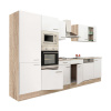 Kuchynský nábytok Yorki 340 s korpusom z duba sonoma, s bielym čelom s hodvábnym leskom a policovou skrinkou